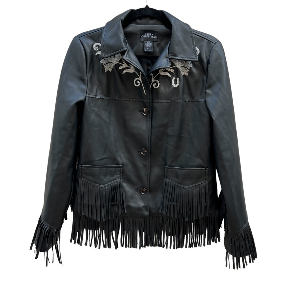 Urban Outfitters Black Leather Fringe Jacket with Silver Embroidery